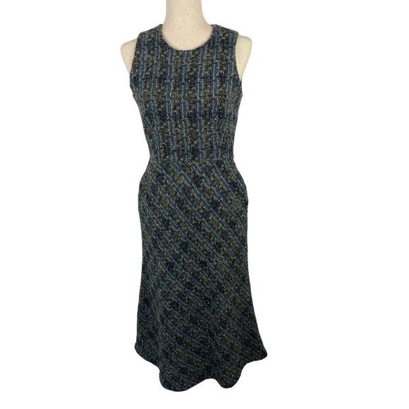 Ann Mashburn Blue Green Tweed Wool Sleeveless Sheath Trumpet Midi Dress Small - Picture 1 of 13